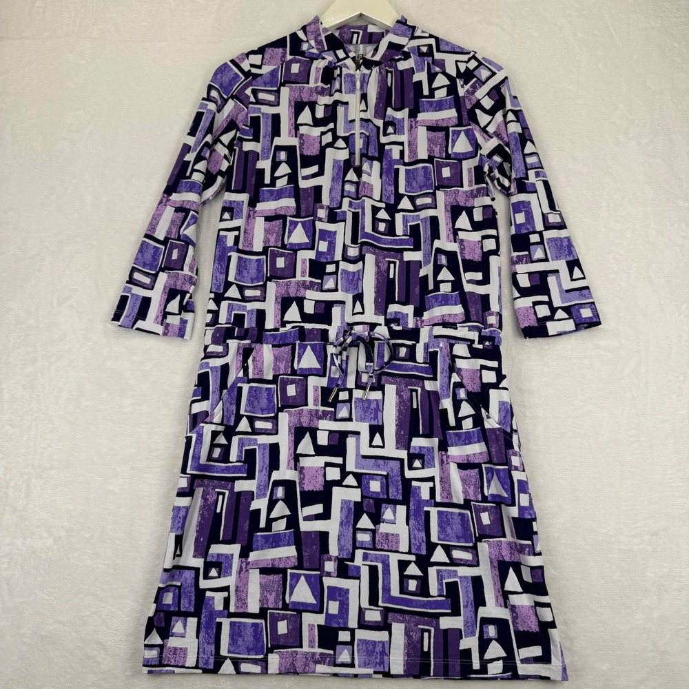 IBKÜL Womens Purple Geometric Print UPF 50+ Quarter Zip Sun Dress XS